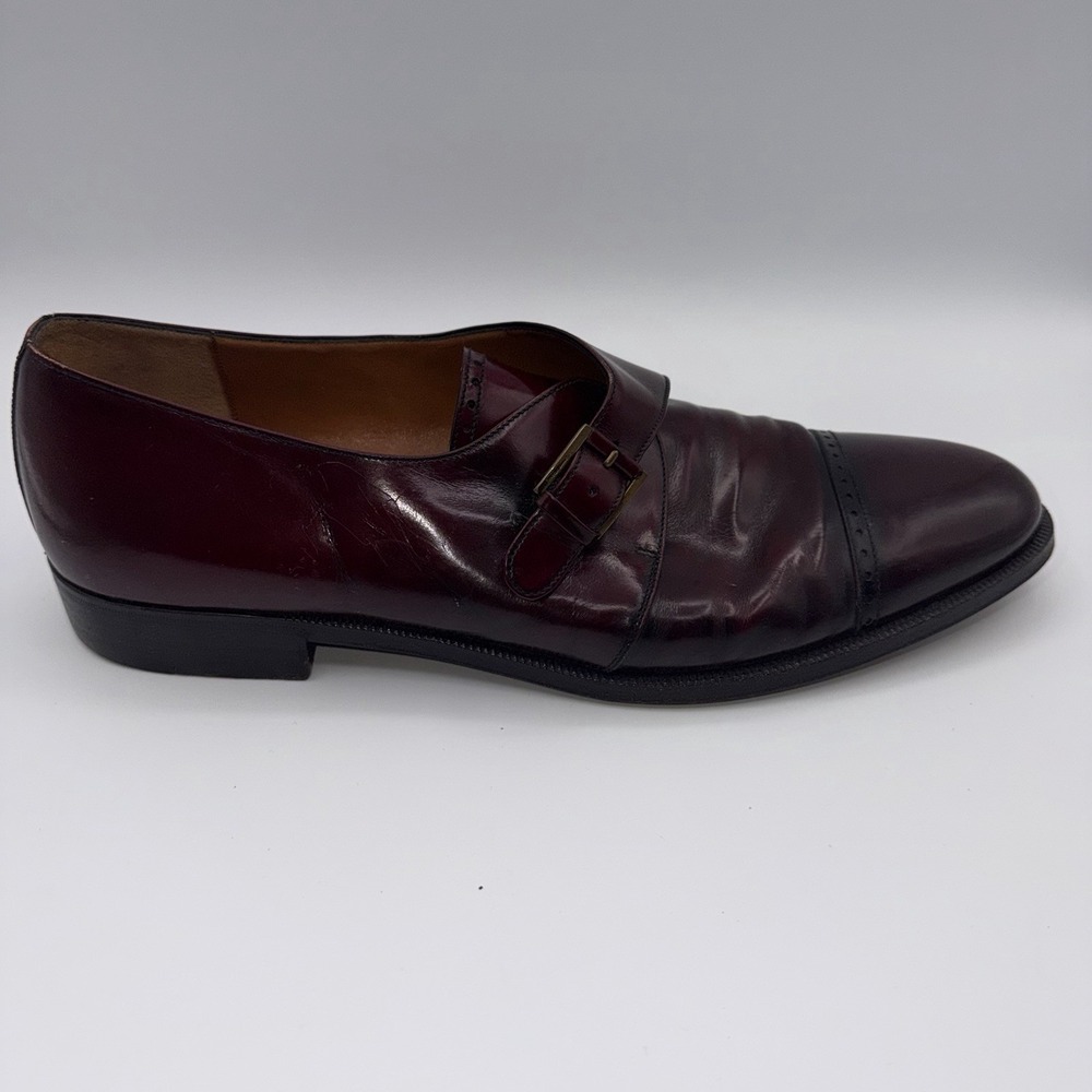 Ferragamo Burgundy Leather Single Monk Strap Cap-Toe Dress Shoes Mens 11 D Italy